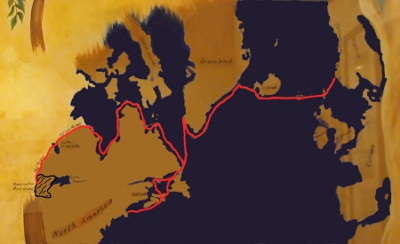 [Map of Europe and North America at that time with a route marked in red across the ocean, through the Hudson Bay and down rivers to Alexandria, Minnesota.]